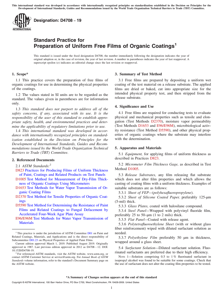 ASTM D4708-19 - Standard Practice for Preparation of Uniform Free Films of Organic Coatings