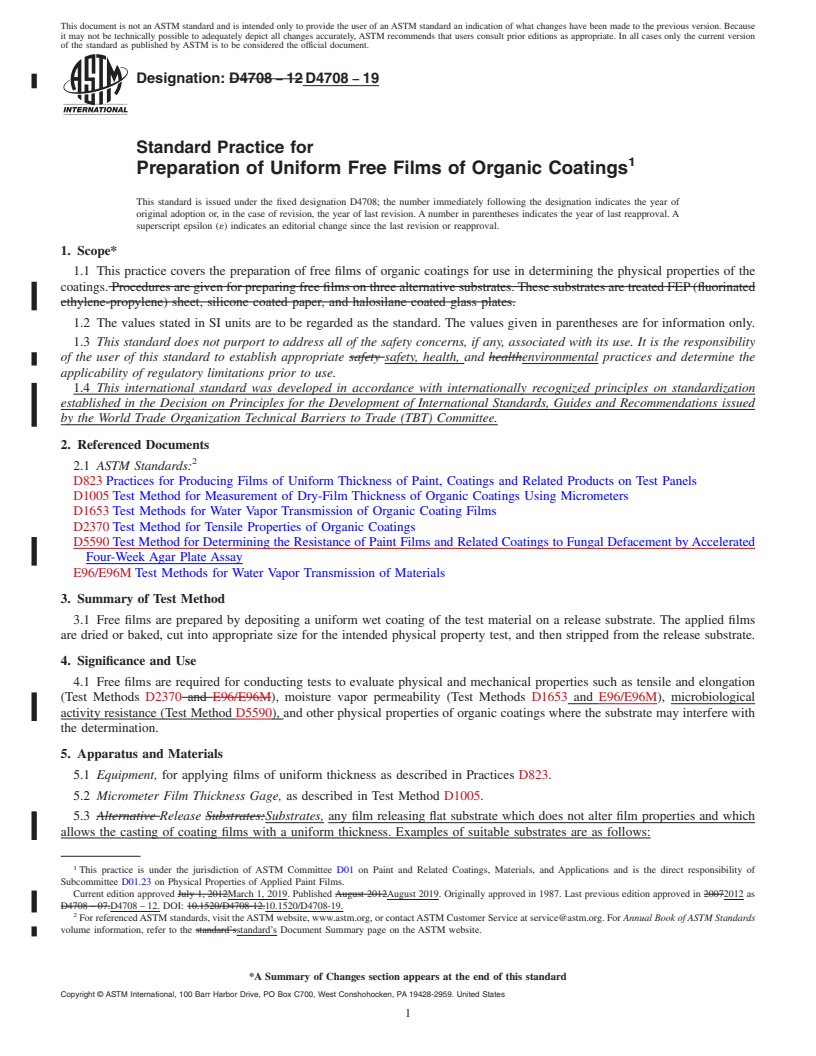 REDLINE ASTM D4708-19 - Standard Practice for Preparation of Uniform Free Films of Organic Coatings