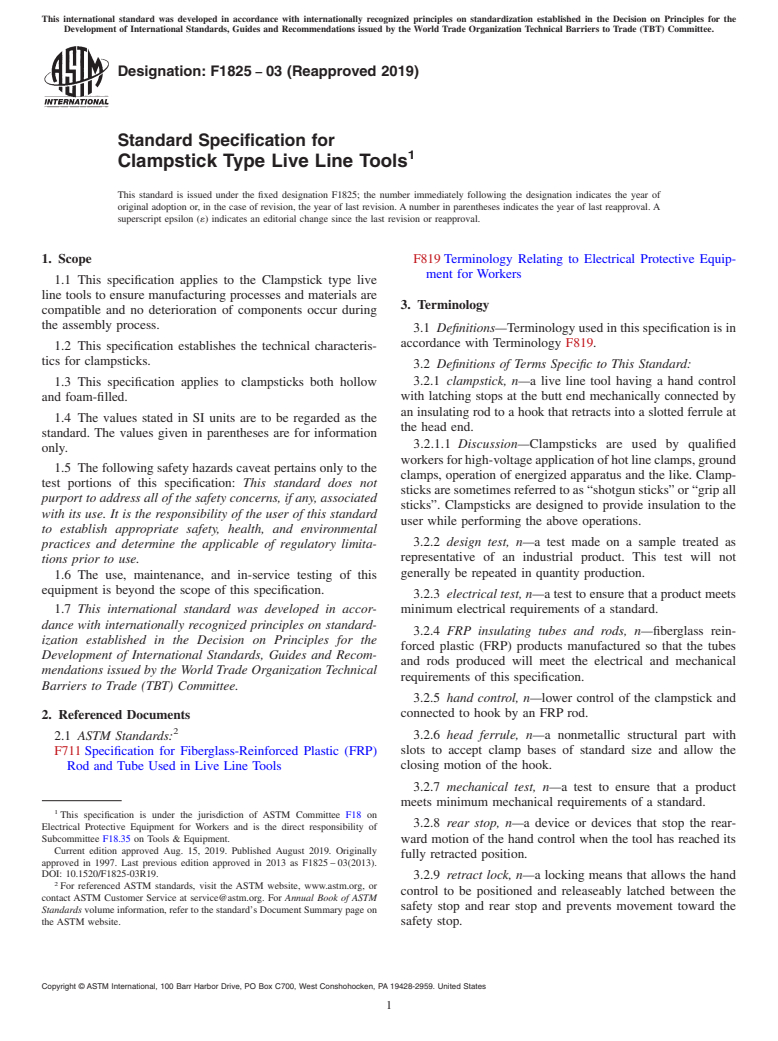 ASTM F1825-03(2019) - Standard Specification for  Clampstick Type Live Line Tools