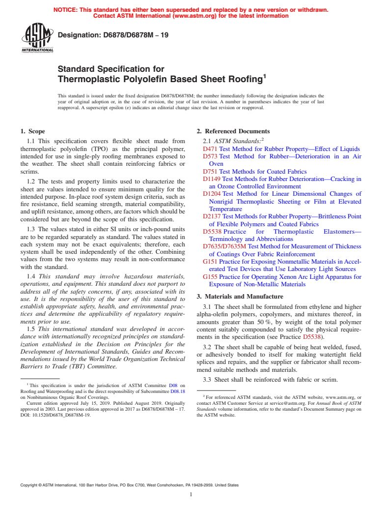 ASTM D6878/D6878M-19 - Standard Specification for  Thermoplastic Polyolefin Based Sheet Roofing