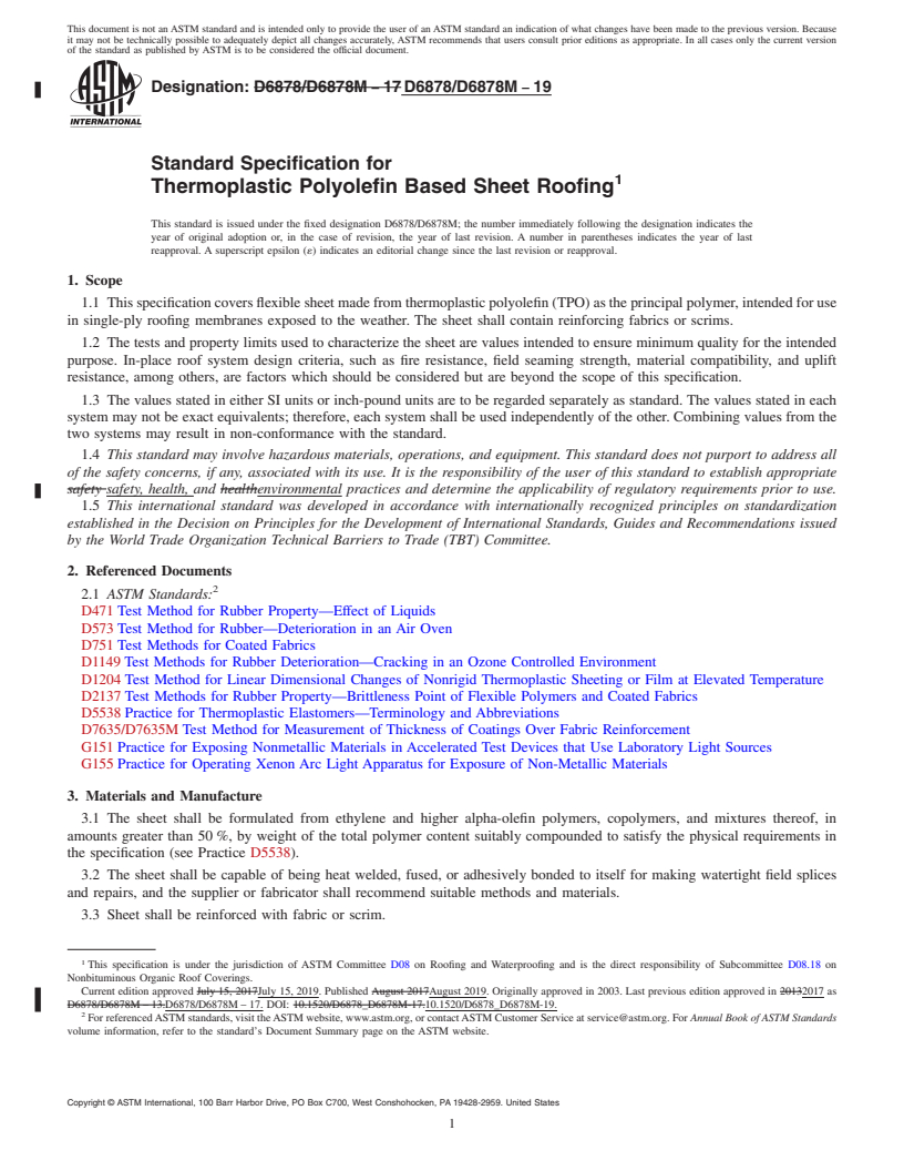 REDLINE ASTM D6878/D6878M-19 - Standard Specification for  Thermoplastic Polyolefin Based Sheet Roofing