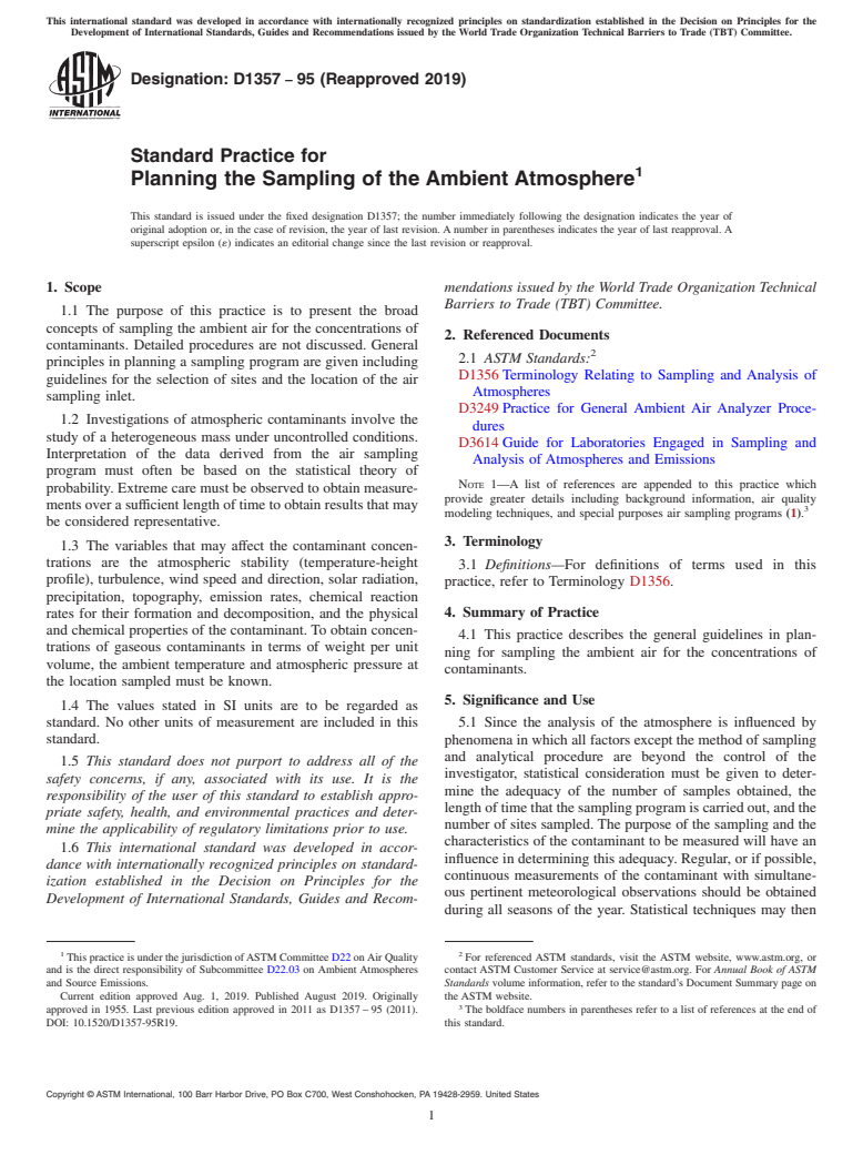 ASTM D1357-95(2019) - Standard Practice for  Planning the Sampling of the Ambient Atmosphere