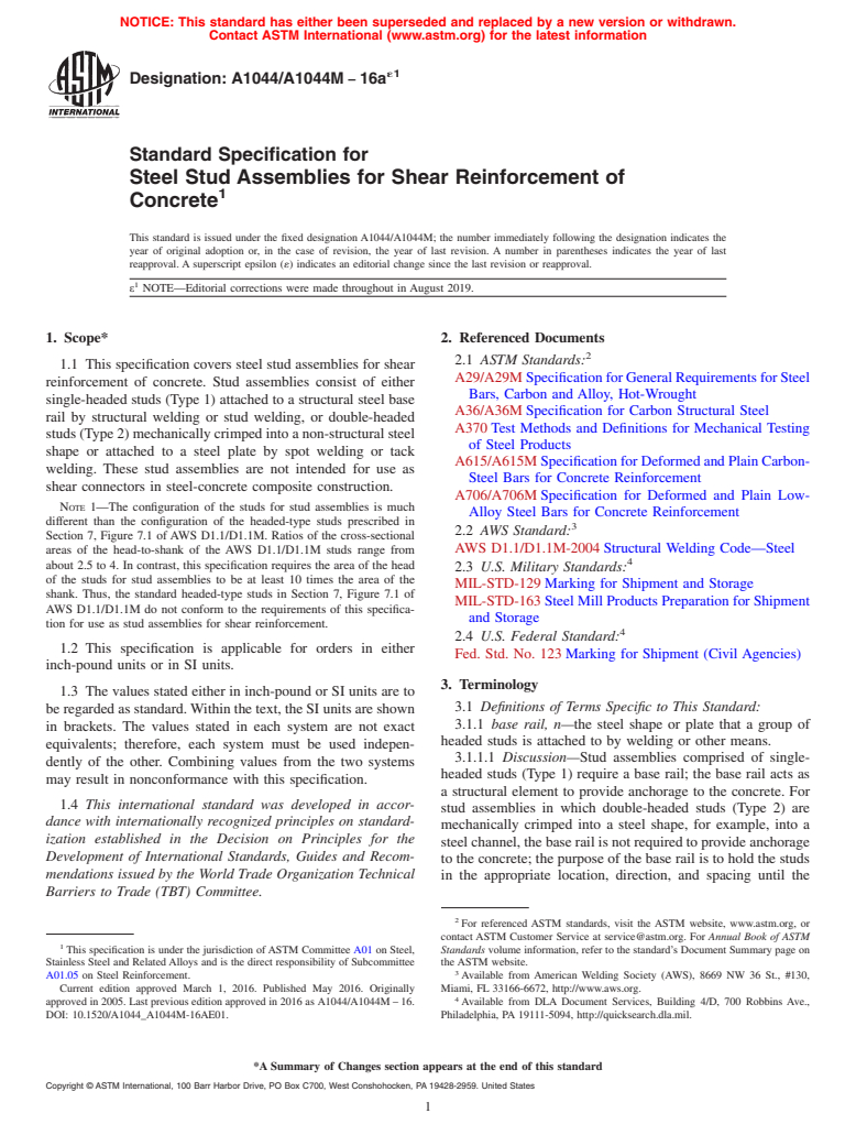 ASTM A1044/A1044M-16ae1 - Standard Specification for  Steel Stud Assemblies for Shear Reinforcement of Concrete