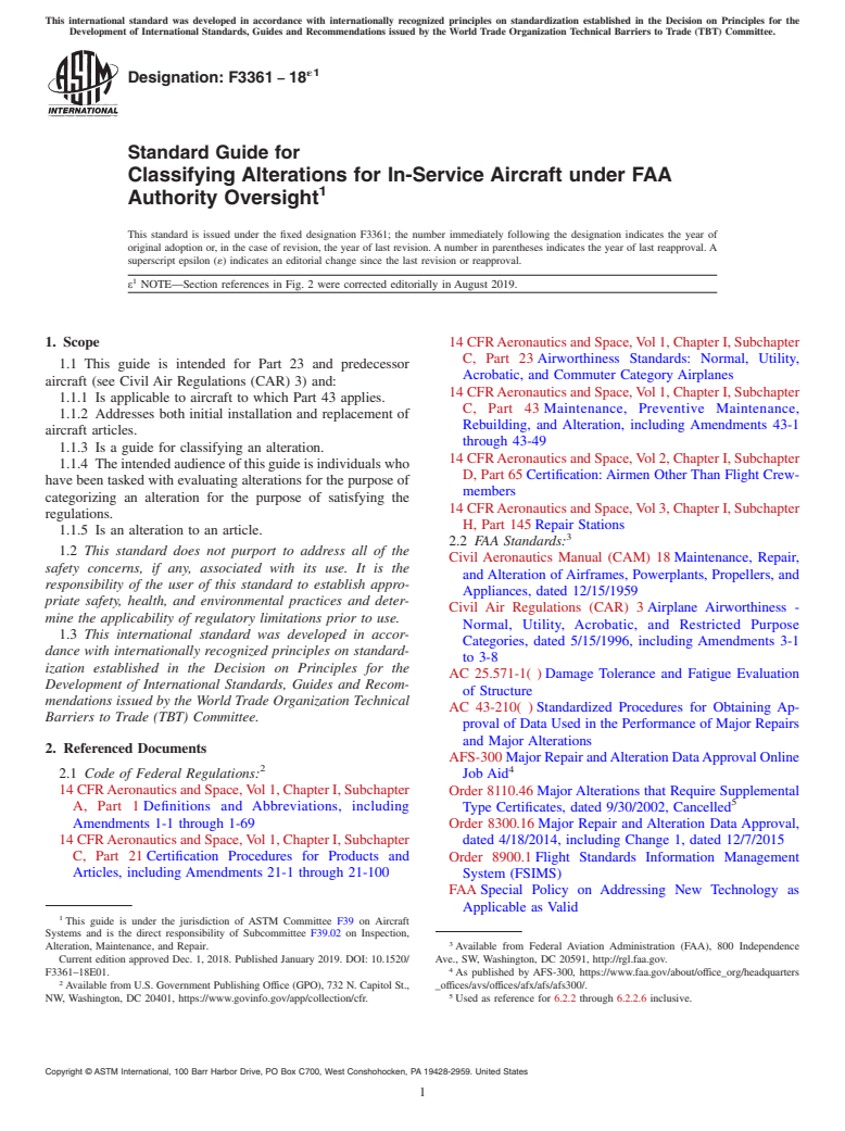 ASTM F3361-18e1 - Standard Guide for Classifying Alterations for In-Service Aircraft under FAA Authority  Oversight