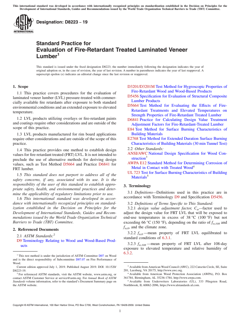 ASTM D8223-19 - Standard Practice for  Evaluation of Fire-Retardant Treated Laminated Veneer Lumber