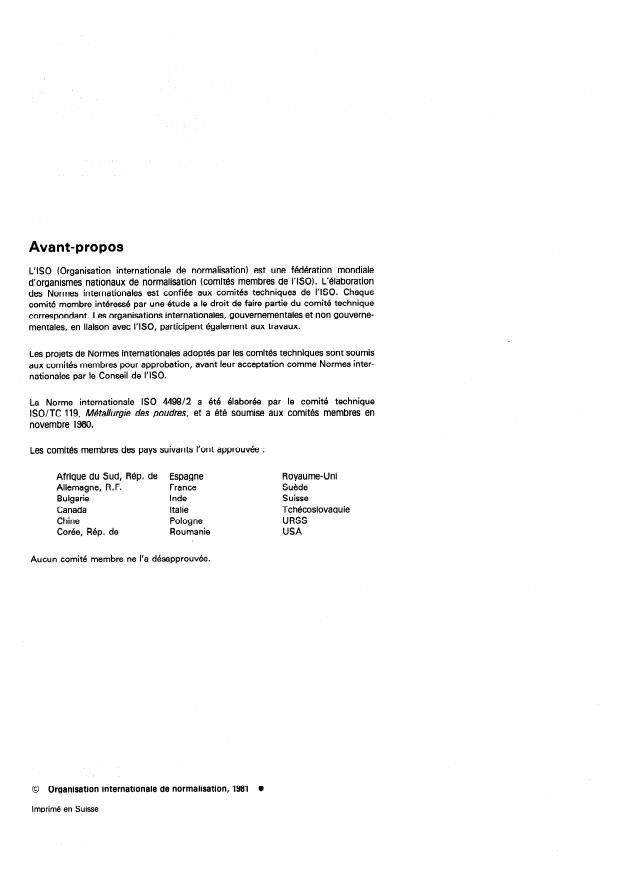 ISO 4498-2:1981 ISO 4498-2:1981 - Matériaux métalliques frittés a l'exclusion des métaux-durs -- Détermination de la dureté apparente - Page 2 preview