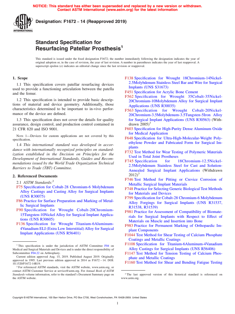 ASTM F1672-14(2019) - Standard Specification for  Resurfacing Patellar Prosthesis (Withdrawn 2023)