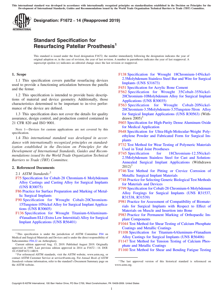 ASTM F1672-14(2019) - Standard Specification for  Resurfacing Patellar Prosthesis