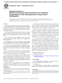ASTM F2385-15(2019) ASTM F2385-15(2019) - Standard Practice for Determining Femoral Head Penetration into Acetabular Components of Total Hip Replacement Using Clinical Radiographs - Page 1 preview