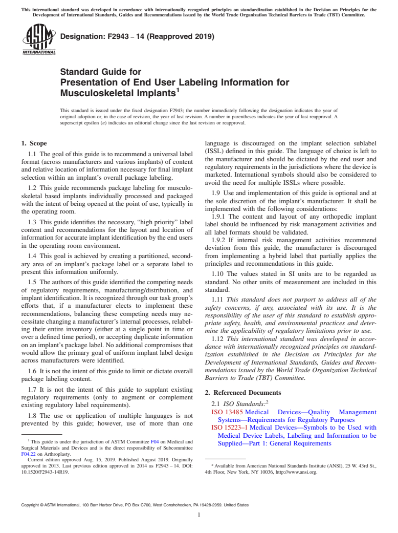 ASTM F2943-14(2019) - Standard Guide for Presentation of End User Labeling Information for Musculoskeletal Implants