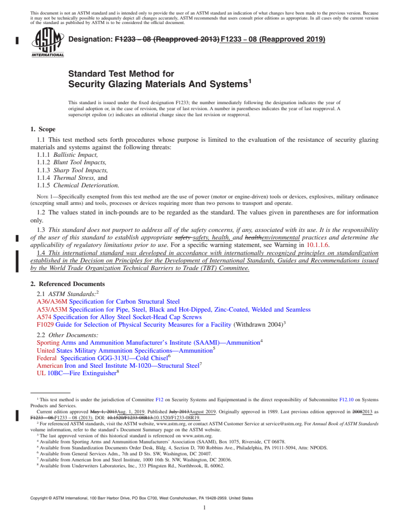 REDLINE ASTM F1233-08(2019) - Standard Test Method for  Security Glazing Materials And Systems