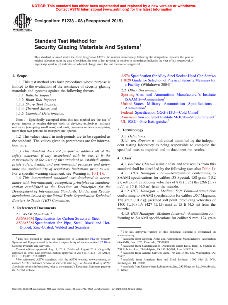 ASTM F1233-08(2019) - Standard Test Method for  Security Glazing Materials And Systems