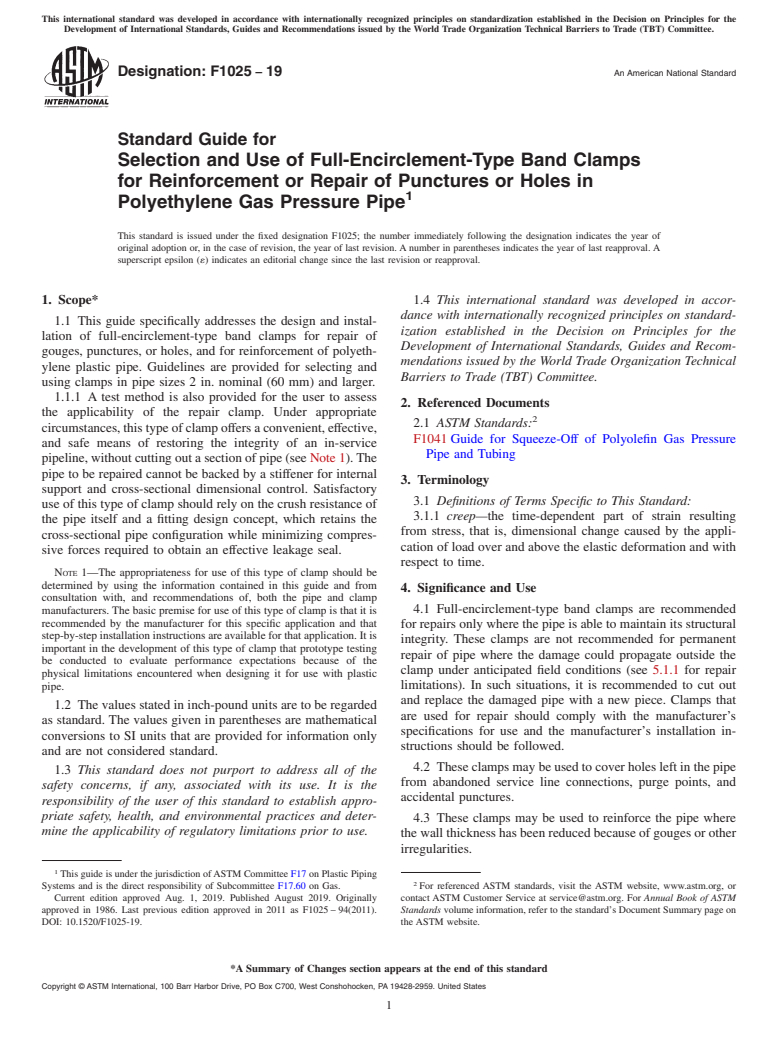ASTM F1025-19 - Standard Guide for  Selection and Use of Full-Encirclement-Type Band Clamps for   Reinforcement or Repair of Punctures or Holes in Polyethylene Gas   Pressure Pipe