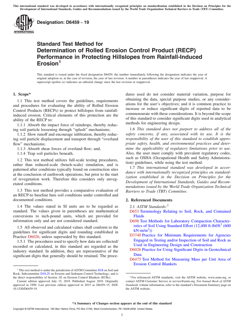 ASTM D6459-19 - Standard Test Method for  Determination of Rolled Erosion Control Product (RECP) Performance   in Protecting Hillslopes from Rainfall-Induced Erosion
