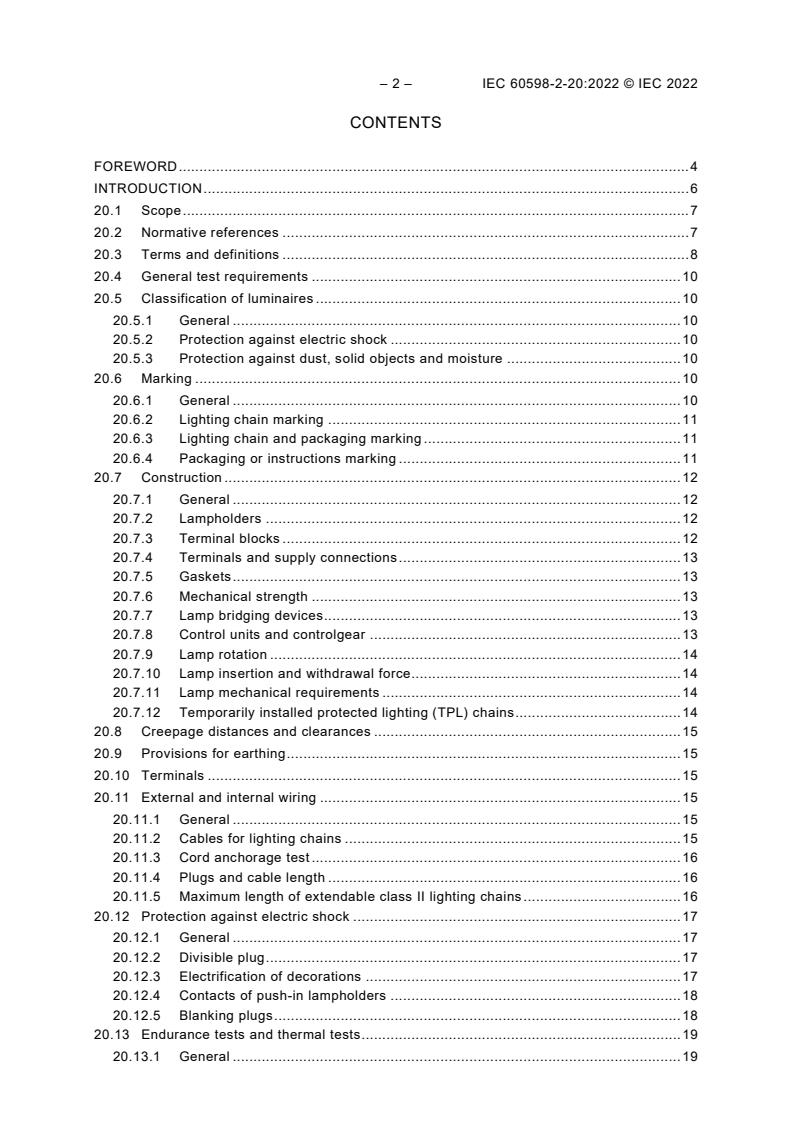 IEC 60598-2-20:2022 IEC 60598-2-20:2022 - Luminaires - Part 2-20: Particular requirements - Lighting chains - Page 4 preview