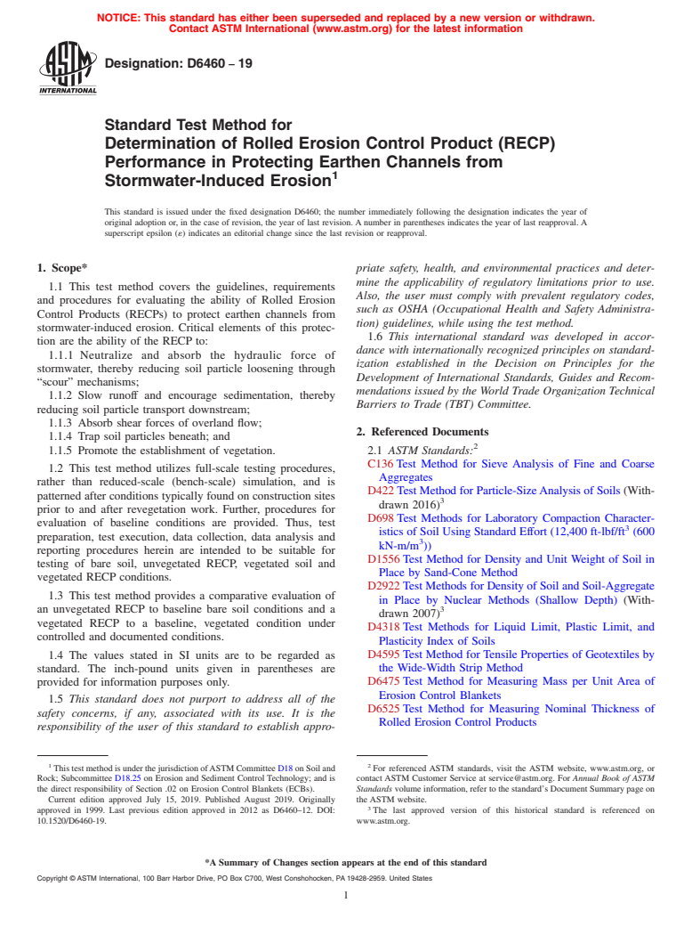 ASTM D6460-19 - Standard Test Method for  Determination of Rolled Erosion Control Product (RECP) Performance   in Protecting Earthen Channels from Stormwater-Induced Erosion