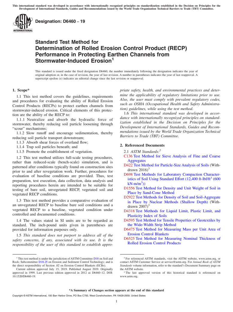 ASTM D6460-19 - Standard Test Method for  Determination of Rolled Erosion Control Product (RECP) Performance   in Protecting Earthen Channels from Stormwater-Induced Erosion