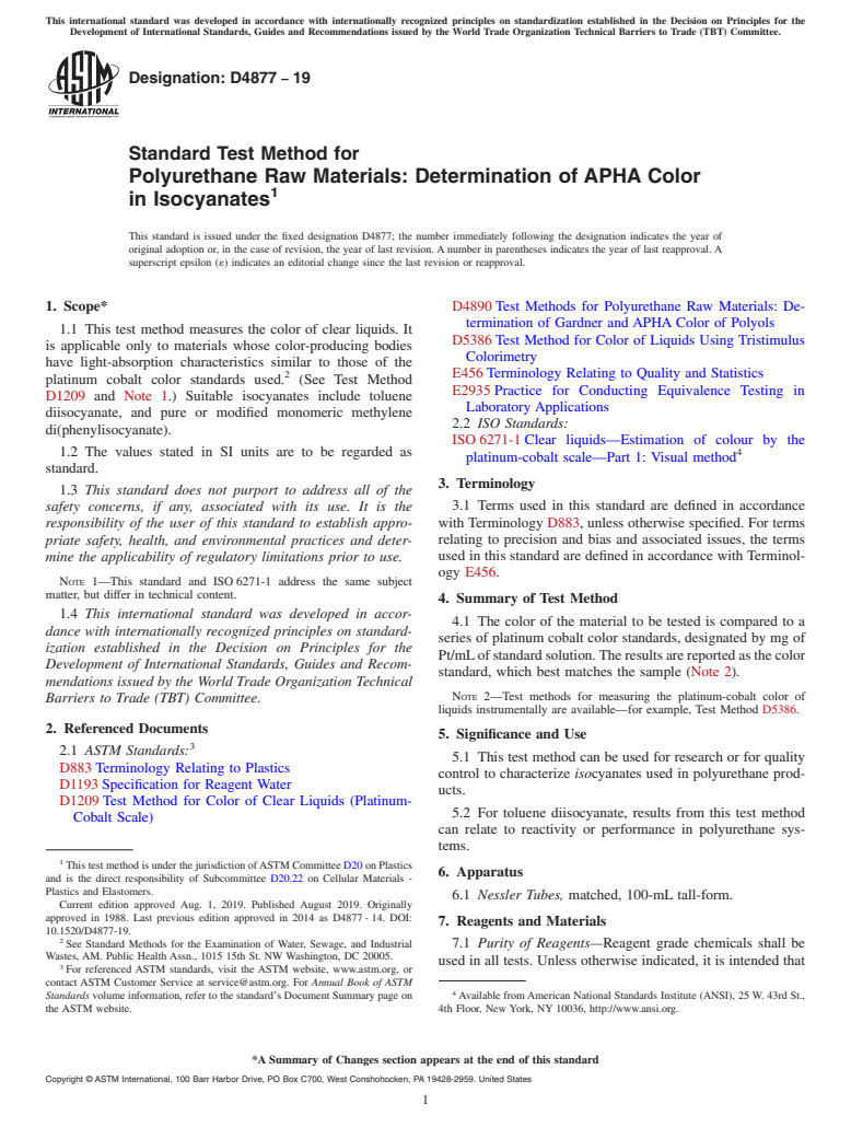 ASTM D4877-19 - Standard Test Method for  Polyurethane Raw Materials: Determination of APHA Color in  Isocyanates