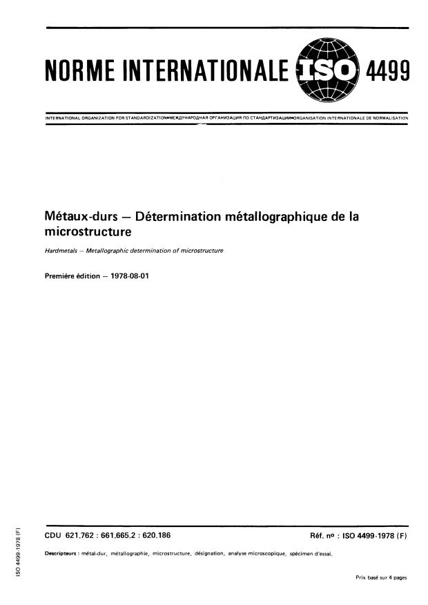 ISO 4499:1978 - Métaux-durs -- Détermination métallographique de la microstructure