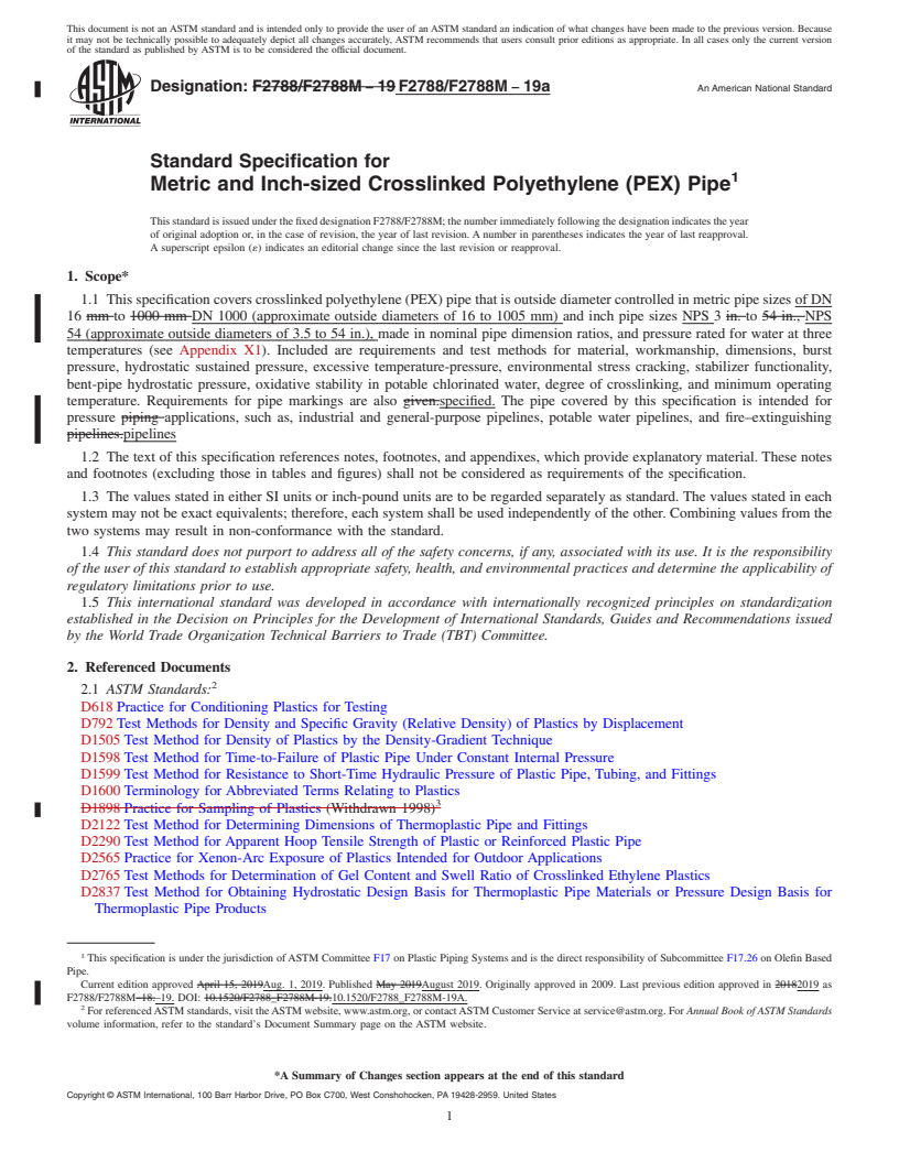 REDLINE ASTM F2788/F2788M-19a - Standard Specification for  Metric and Inch-sized Crosslinked Polyethylene (PEX) Pipe