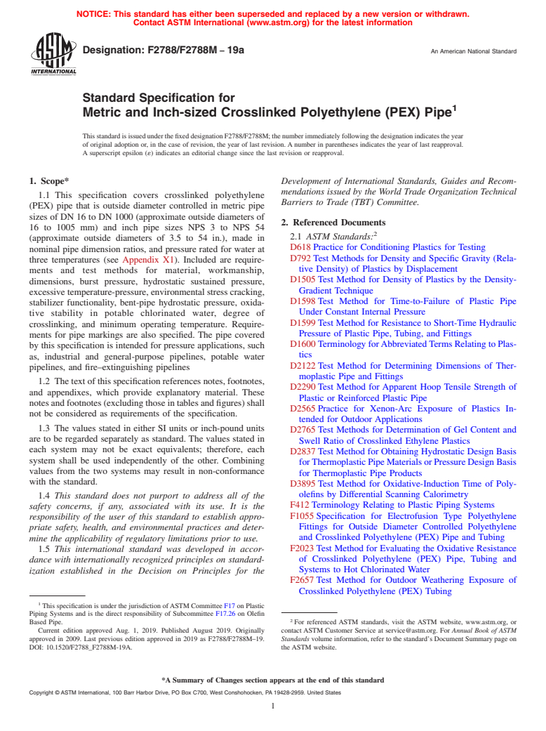 ASTM F2788/F2788M-19a - Standard Specification for  Metric and Inch-sized Crosslinked Polyethylene (PEX) Pipe