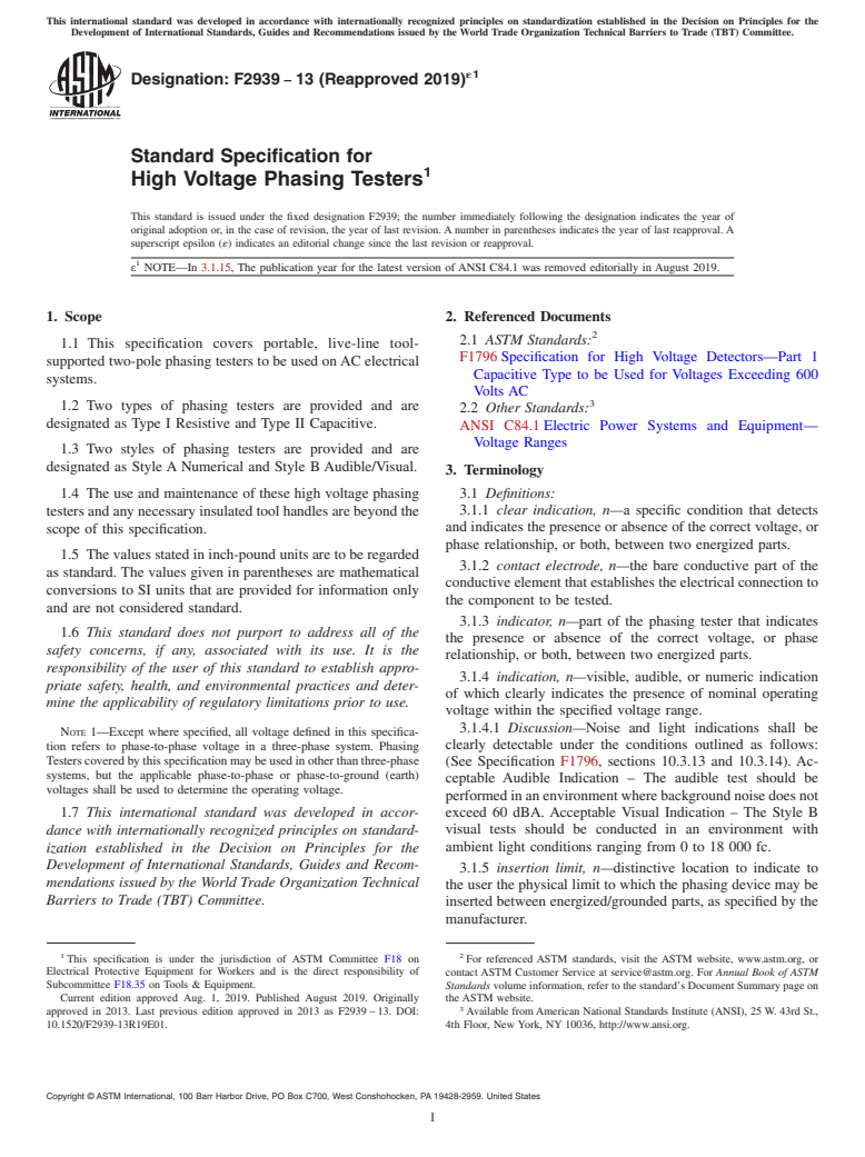 ASTM F2939-13(2019)e1 - Standard Specification for High Voltage Phasing Testers