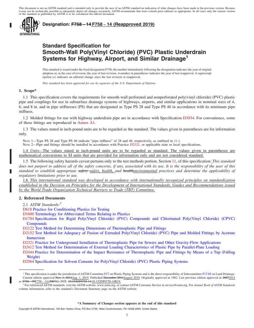 REDLINE ASTM F758-14(2019) - Standard Specification for  Smooth-Wall Poly(Vinyl Chloride) (PVC) Plastic Underdrain Systems  for Highway, Airport, and Similar Drainage