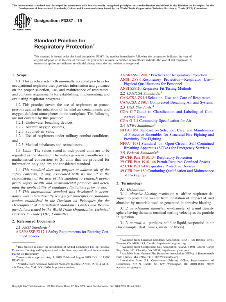 ASTM F3387-19 - Standard Practice for Respiratory Protection