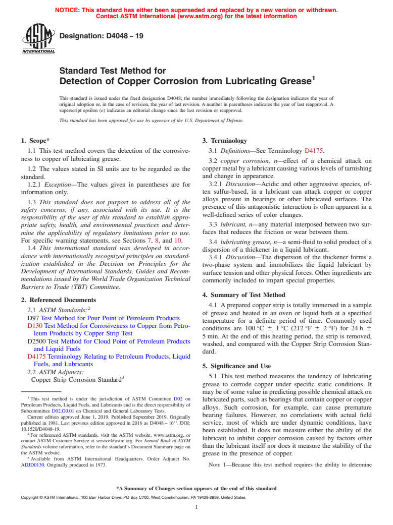 ASTM D4048-19 - Standard Test Method for  Detection of Copper Corrosion from Lubricating Grease