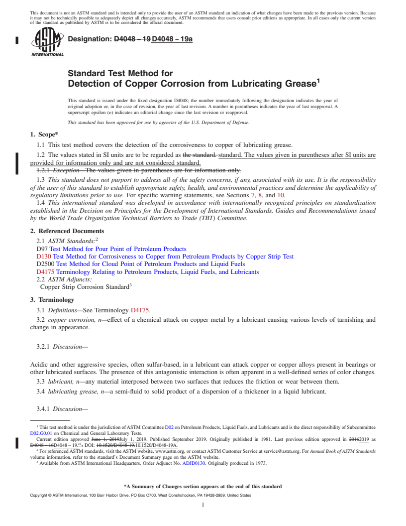 REDLINE ASTM D4048-19a - Standard Test Method for  Detection of Copper Corrosion from Lubricating Grease