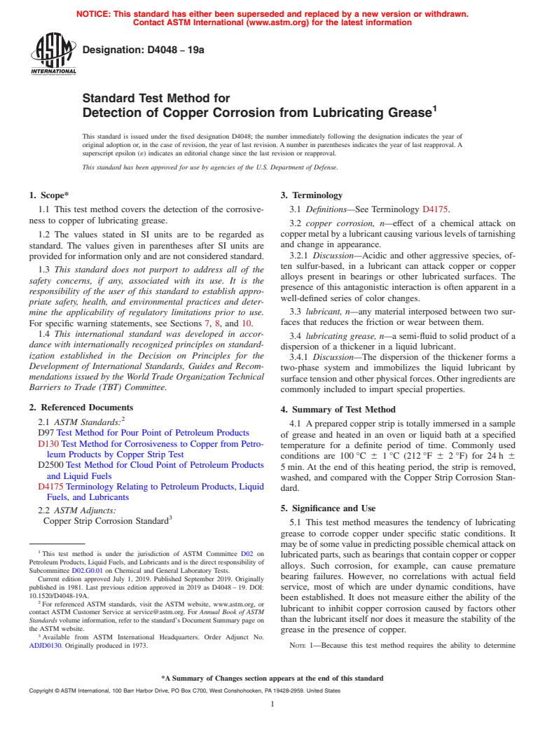 ASTM D4048-19a - Standard Test Method for  Detection of Copper Corrosion from Lubricating Grease