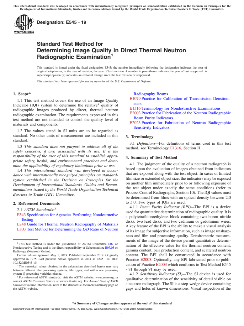 ASTM E545-19 - Standard Test Method for  Determining Image Quality in Direct Thermal Neutron Radiographic  Examination
