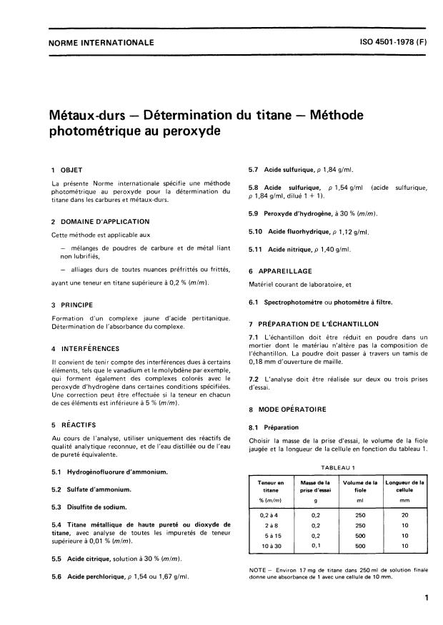 ISO 4501:1978 - Métaux durs -- Détermination du titane -- Méthode photométrique au peroxyde