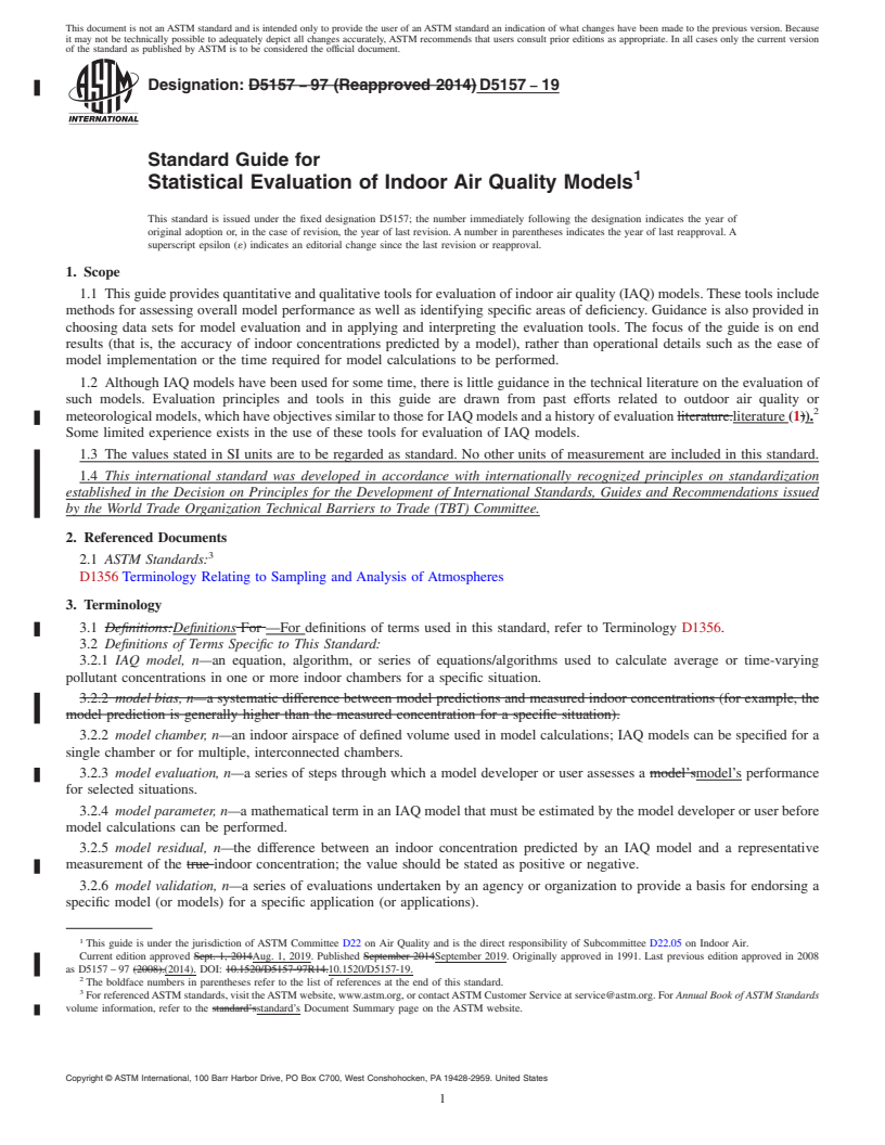 REDLINE ASTM D5157-19 - Standard Guide for  Statistical Evaluation of Indoor Air Quality Models