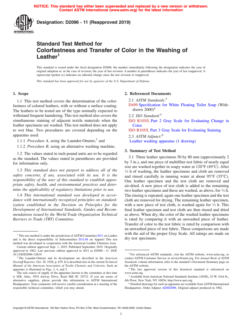 ASTM D2096-11(2019) - Standard Test Method for  Colorfastness and Transfer of Color in the Washing of Leather