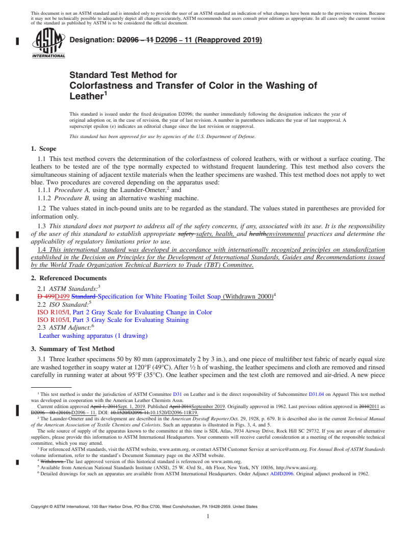 REDLINE ASTM D2096-11(2019) - Standard Test Method for  Colorfastness and Transfer of Color in the Washing of Leather