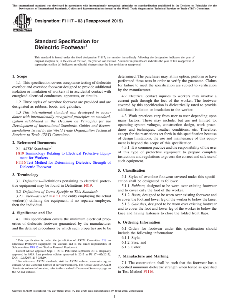 ASTM F1117-03(2019) - Standard Specification for  Dielectric Footwear