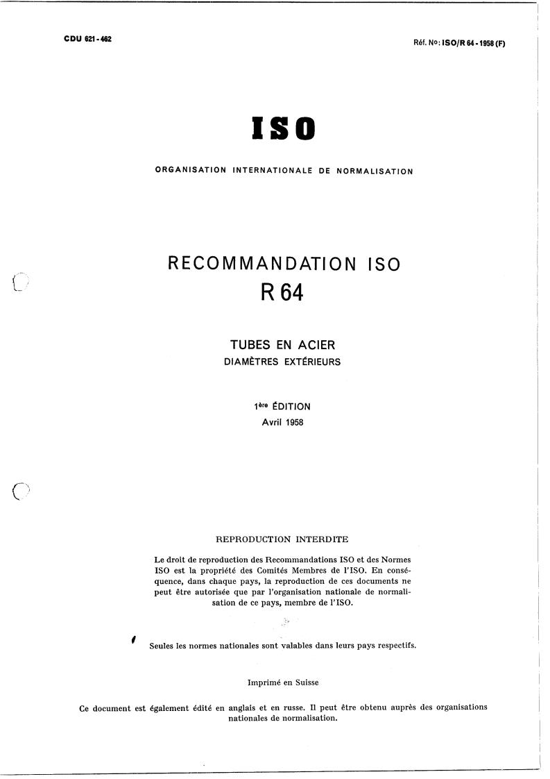 ISO/R 64:1958 - Title missing - Legacy paper document
Released:1/1/1958