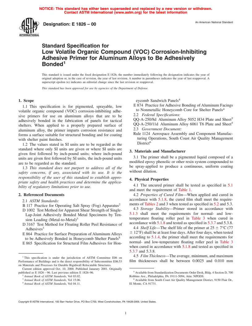 ASTM E1826-00 - Standard Specification for Low Volatile Organic Compound (VOC) Corrosion-Inhibiting Adhesive Primer for Aluminum Alloys to Be Adhesively Bonded