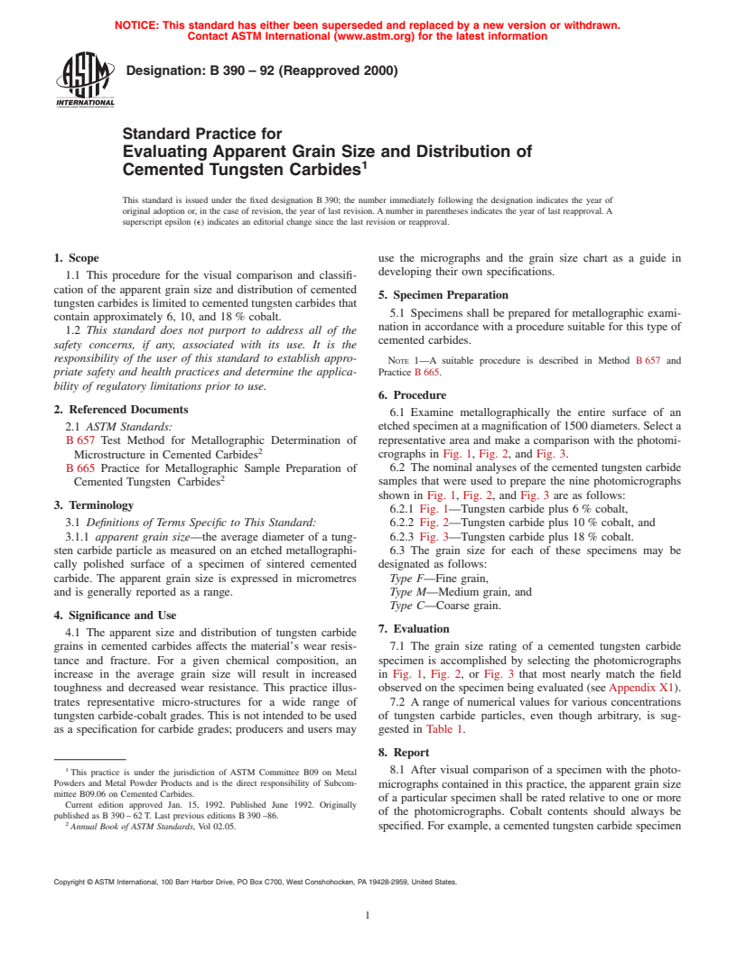 ASTM B390-92(2000) - Standard Practice for Evaluating Apparent Grain Size and Distribution of Cemented Tungsten Carbides