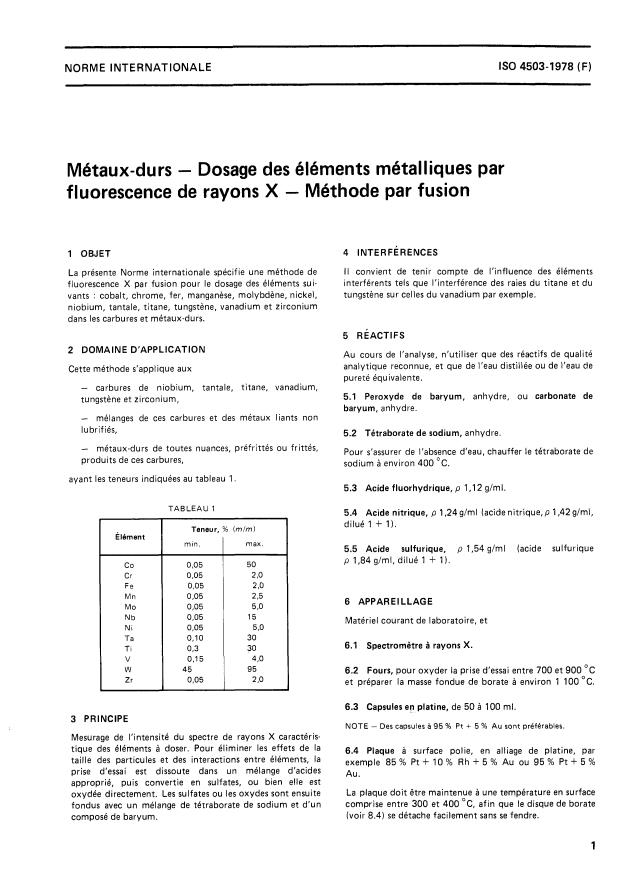 ISO 4503:1978 - Métaux-durs -- Dosage des éléments métalliques par fluorescence de rayons X -- Méthode par fusion