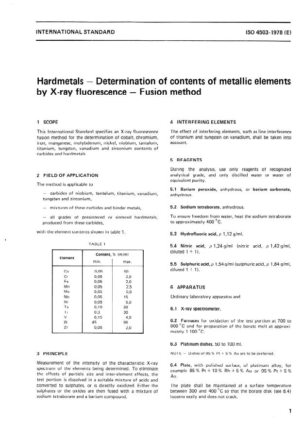 ISO 4503:1978 - Hardmetals -- Determination of contents of metallic elements by X-ray fluorescence -- Fusion method