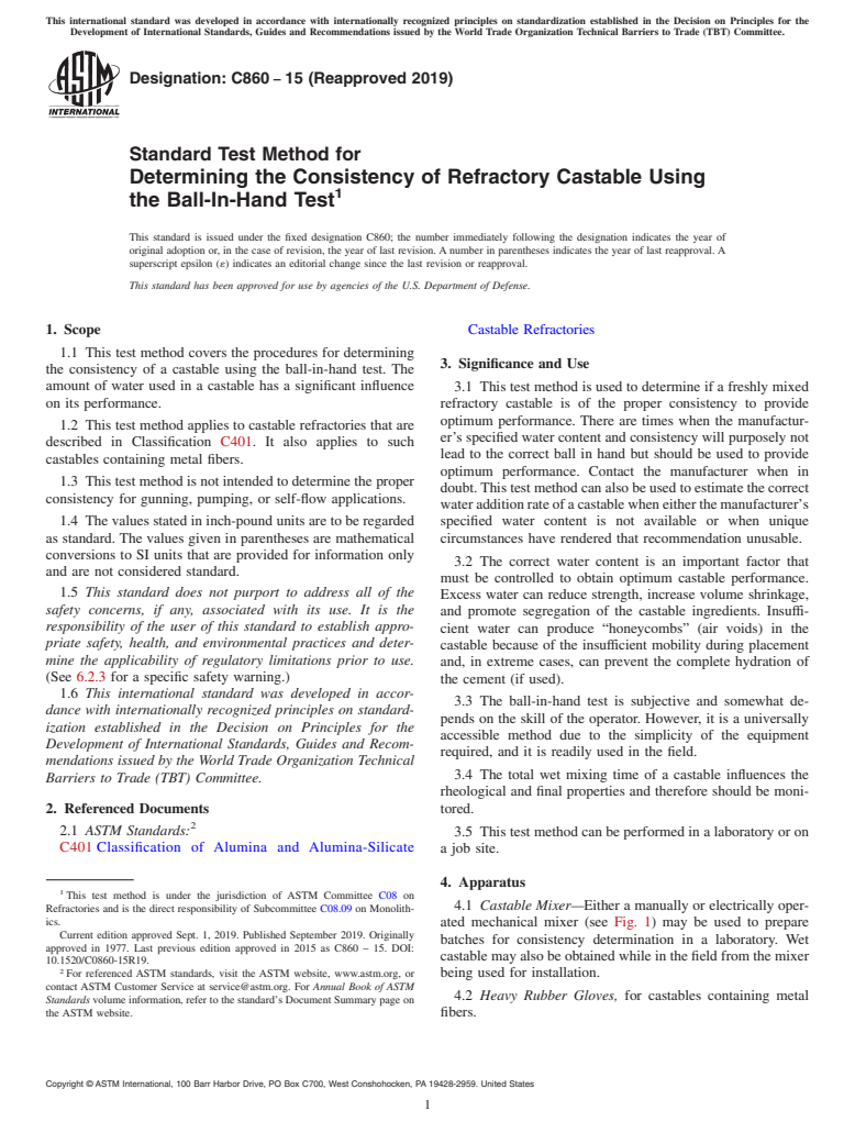 ASTM C860-15(2019) - Standard Test Method for  Determining the Consistency of Refractory Castable Using the   Ball-In-Hand Test