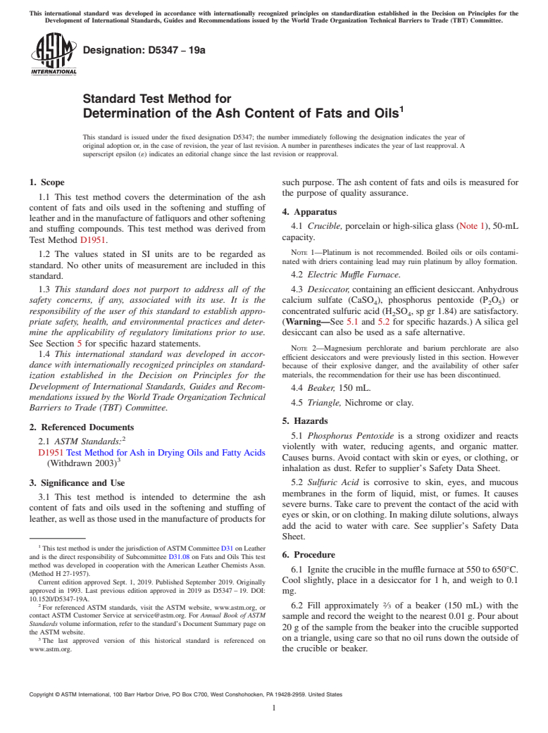 ASTM D5347-19a - Standard Test Method for  Determination of the Ash Content of Fats and Oils