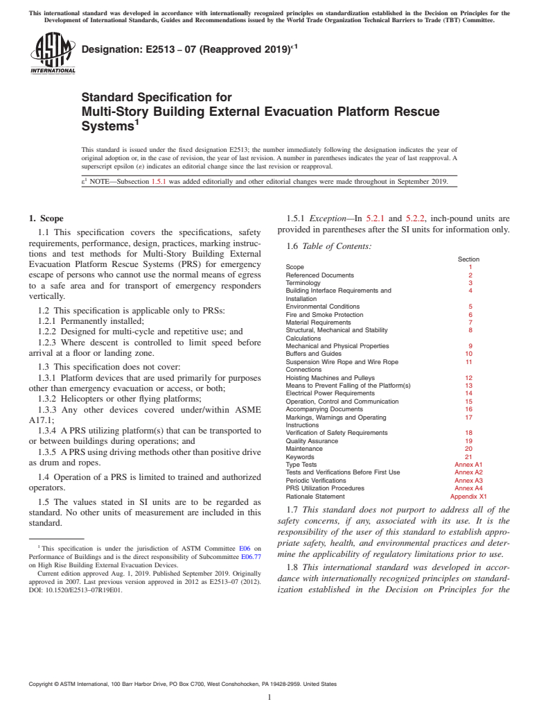 ASTM E2513-07(2019)e1 - Standard Specification for Multi-Story Building External Evacuation Platform Rescue Systems