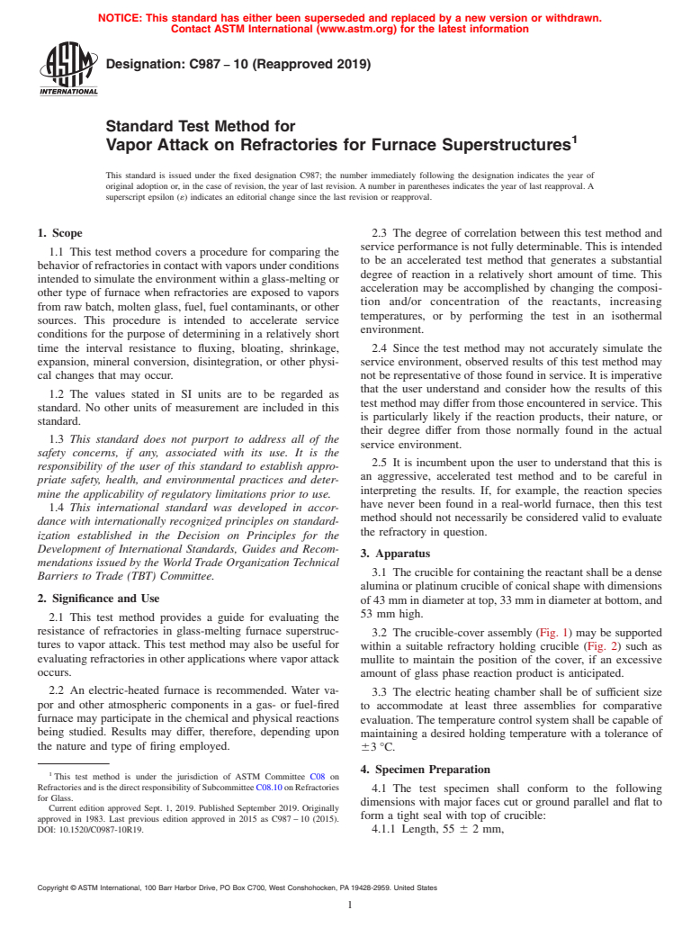 ASTM C987-10(2019) - Standard Test Method for  Vapor Attack on Refractories for Furnace Superstructures