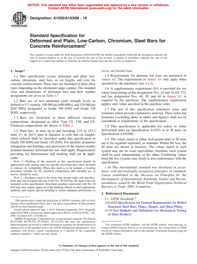 ASTM A1035/A1035M-19 - Standard Specification for  Deformed and Plain, Low-Carbon, Chromium, Steel Bars for Concrete  Reinforcement