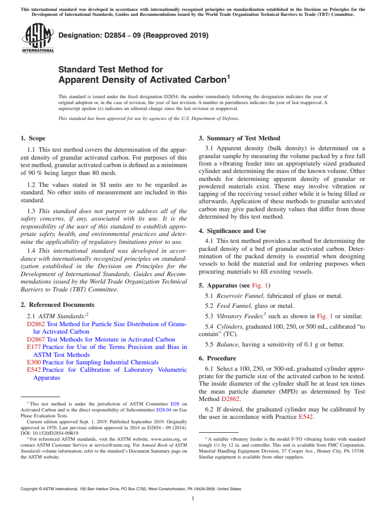 ASTM D2854-09(2019) - Standard Test Method for Apparent Density of Activated Carbon