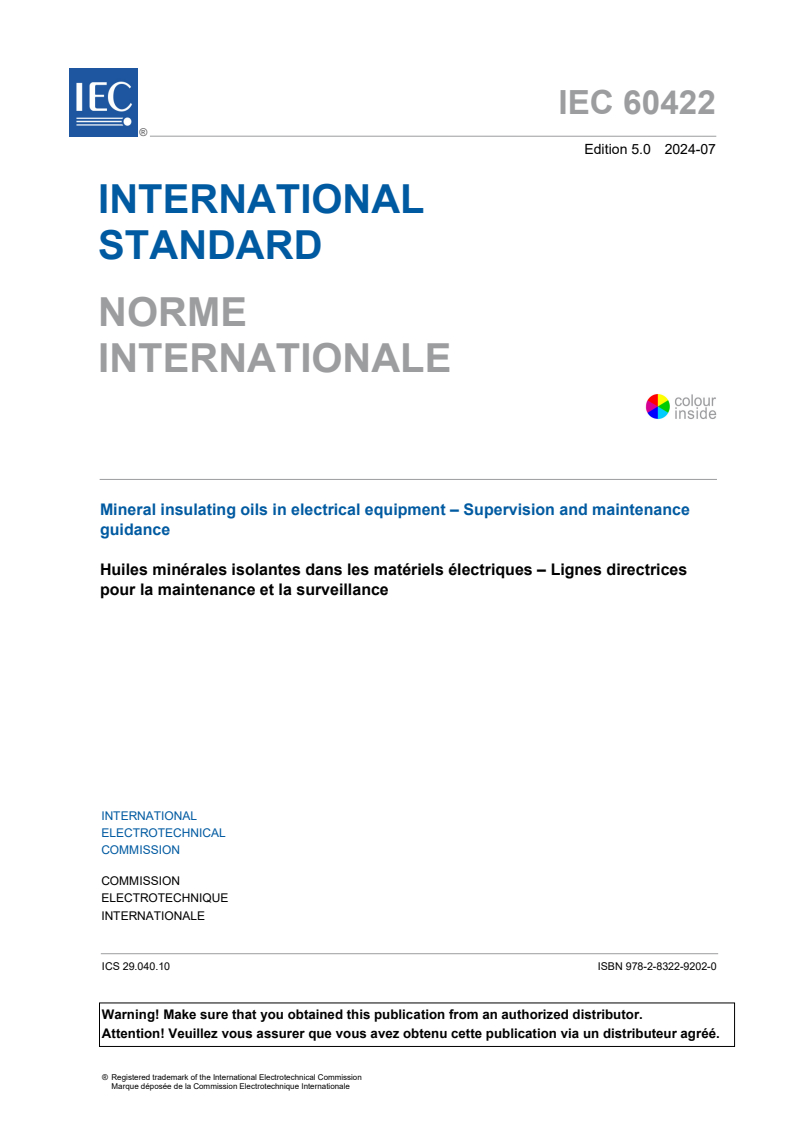 IEC 60422:2024 - Mineral insulating oils in electrical equipment - Supervision and maintenance guidance
Released:18. 07. 2024
Isbn:9782832292020