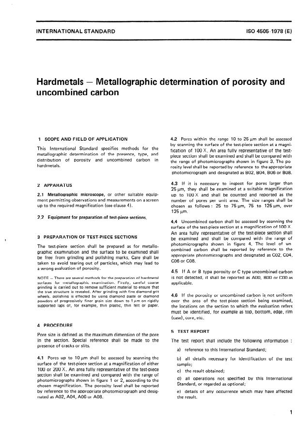 ISO 4505:1978 - Hardmetals -- Metallographic determination of porosity and uncombined carbon